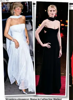  ?? ?? Strapless elegance: Diana in Catherine Walker in 1987, Elizabeth in black Dior this week and, right, both women in striking red and black, Diana in 1990 and Elizabeth in 2015
