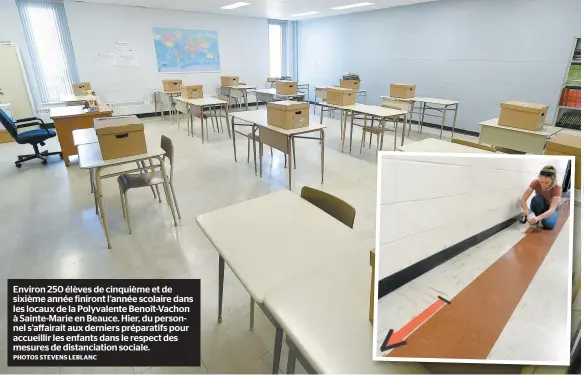  ?? PHOTOS STEVENS LEBLANC ?? Environ 250 élèves de cinquième et de sixième année finiront l’année scolaire dans les locaux de la Polyvalent­e Benoît-vachon à Sainte-marie en Beauce. Hier, du personnel s’affairait aux derniers préparatif­s pour accueillir les enfants dans le respect des mesures de distanciat­ion sociale.