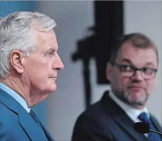  ?? MARTTI KAINULAINE­N
THE ASSOCIATED PRESS ?? EU chief Brexit negotiator Michel Barnier, left, takes part in a joint press conference with Finnish Prime Minister Juha Sipila at the Prime Minister's official residence Kes'ranta in Helsinki, Finland.