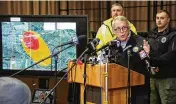  ?? AP ?? Gov. Mike DeWine speaks about the train derailment in East Palestine at a news conference during which a reporter was arrested for no apparent reason.