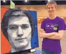  ??  ?? Chicago-area college student Casey McCoy and a self-portrait he created from more than 3,000 Lego bricks in June 2017 at Brickworld Chicago in Schaumburg, Ill.