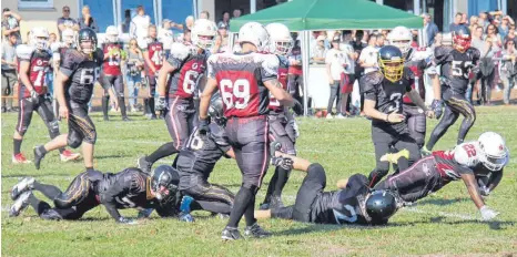  ?? FOTO: WINFRIED RIMMELE ?? Die Newton Lions und die Eppelheim Jaguars kämpften um jedes Yard.