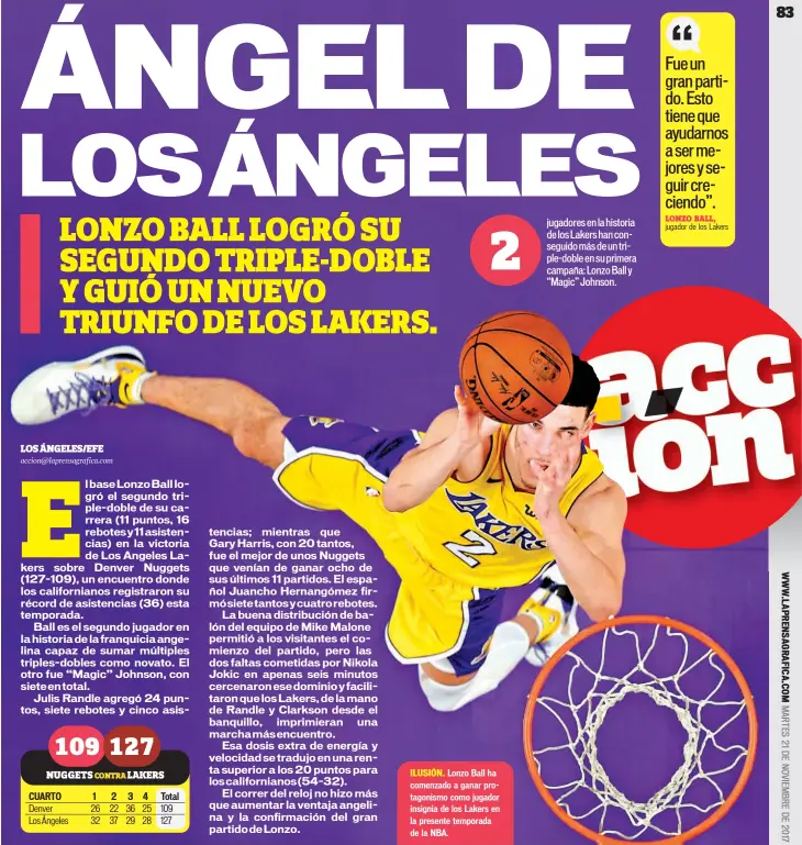  ??  ?? Lonzo Ball ha comenzado a ganar protagonis­mo como jugador insignia de los Lakers en la presente temporada de la NBA.