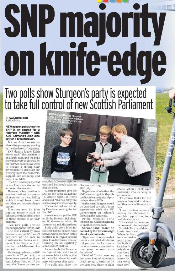  ??  ?? MOBILE CAMPAIGN takes a selfie Sturgeon in while meeting locals Clarkston, Glasgow, Picture: Victoria yesterday. Stewart