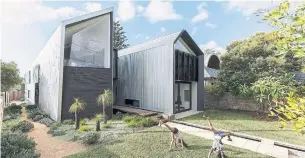  ?? MICHAEL LASSMAN PHOTOS ?? Children frolic in front of the Iron Maiden House, which is a modern twist on the gable house designs in the neighbourh­ood. The house took three years to build and was completed this year.