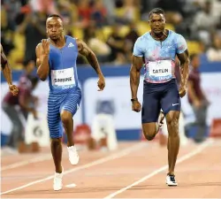  ?? EPA ?? MAN TO BEAT: Akani Simbine, left, here in action against world 100m champion Justin Gatlin.