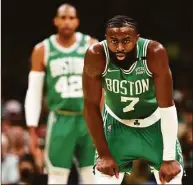  ?? Maddie Meyer / Getty Images ?? The Celtics’ Jaylen Brown looks on during Game 2 of the Eastern Conference Semifinals against the Milwaukee Bucks at TD Garden on Tuesday in Boston.