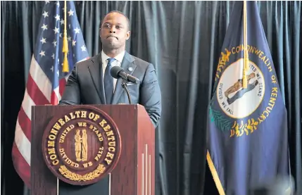  ??  ?? WITH A HEAVY HEART: Kentucky attorney general Daniel Cameron announcing that a grand jury has indicted former Louisville police officer Brett Hankison with wanton endangerme­nt for his actions on the night of the shooting that killed Breonna Taylor.