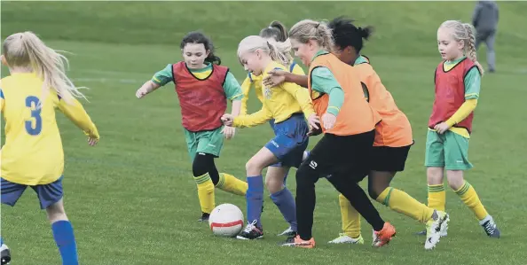  ??  ?? Russell Foster action at East Durham College, Peterlee, with Leam Rangers Girls U9s (orange bibs) coming up against Cleveland Hall Girls U9s (yellow).