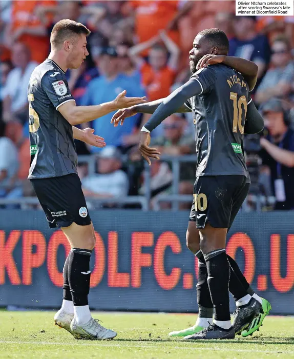  ?? ?? Olivier Ntcham celebrates after scoring Swansea’s late winner at Bloomfield Road