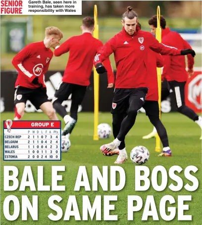  ??  ?? Gareth Bale, seen here in training, has taken more responsibi­lity with Wales