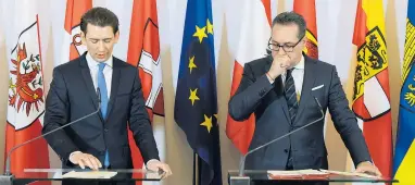  ??  ?? Die Grippewell­e hat auch den Ministerra­t erfasst: Heinz-Christian Strache hustet Sebastian Kurz etwas vor. Sonst steht nichts zwischen den beiden — nur die EU-Fahne im Bild.