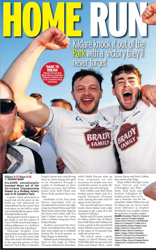  ??  ?? ‘DARE TO DREAM Pascal Connell and Mark Sherry celebrate Kildare’s brilliant win at St Conleth’s Park yesterday