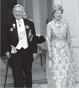  ?? NILS MEILVANG AP ?? Former King Constantin­e II and Queen Anne-Marie arrive at a birthday dinner at Christians­borg Castle in Copenhagen to celebrate the 75th birthday of Queen Margrethe II of Denmark, April 15, 2015.