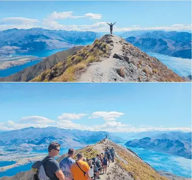  ?? Photo / Supplied ?? Luke Stefanko posted to Twitter showing the ultimate social media picture at Roy’s Peak, Wanaka (top), and the reality of getting the picture (below).