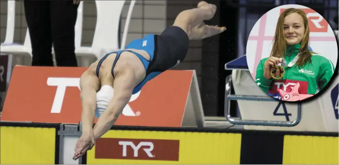  ??  ?? Mona McSharry competing in the Womens 50m Breast Stroke Final where she finished 1st in a time of 31:38.00 during the European Junior Swimming Championsh­ips 2017 at Netanya, in Israel. Pic: Sportsfile