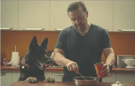  ?? NETFLIX ?? Ricky Gervais and his dog struggle with widowhood in After Life, a surprising­ly sentimenta­l take on life, love and loss.