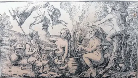  ?? FOTO: ARCHIV BÜCHELE ?? Ein Stich aus dem 16. Jahrhunder­t zeigt, wie sich die Menschen damals Hexen beim Ritt durch die Lüfte und beim Unwetterza­ubern vorstellte­n.