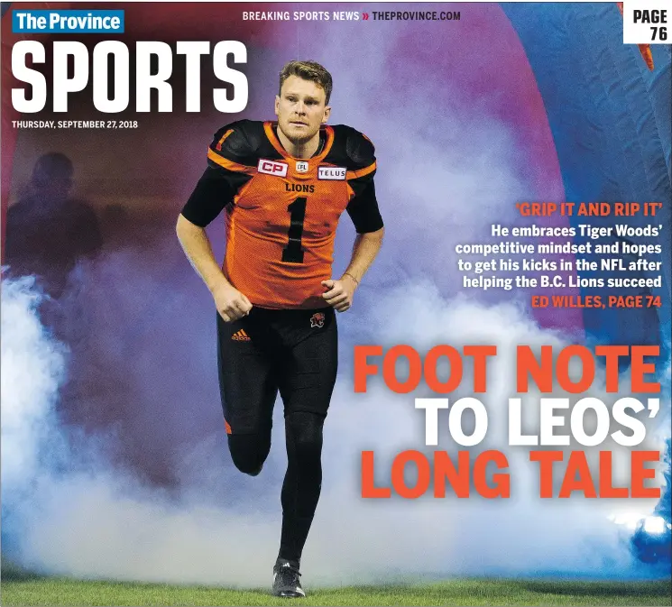  ?? — GERRY KAHRMANN/PNG FILES ?? Ty Long has quietly put together an all-star CFL season for the B.C. Lions. The kicker’s success has been noticed on both sides of the pro football border.