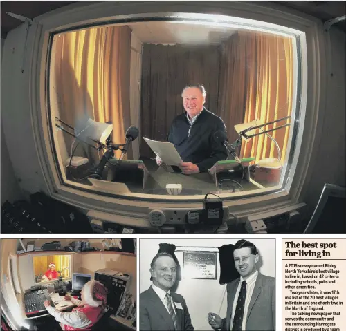  ?? MAIN PICTURE: GERARD BINKS ?? CHRISTMAS MESSAGE: Sir Thomas Ingilby, top, recording his Christmas address for Harrogate and District Talking Newspaper Associatio­n; above left, J Sandy Willis in the studio with producer Derick England; right, Sir Thomas opening the studio in 1983.