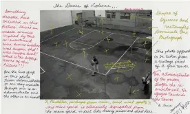  ??  ?? A basketball court is stained with blood in a 1975 image. ‘I feel like many prisoners died here,’ noted Tommy Shakur Ross, who is incarcerat­ed. Photograph: Nigel Poor/Tommy Shakur Ross