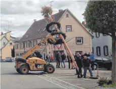  ?? FOTO: STADT ?? Mit vereinten Kräften wird ein neuer Maibaum aufgestell­t.