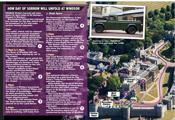  ??  ?? Journey to rest...the Land Rover that will bear the coffin
Curfew Tower
West Steps
Horseshoe Cloister
St George’s Chapel 6 7