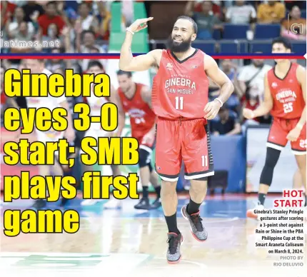  ?? PHOTO BY RIO DELUVIO ?? Ginebra’s Stanley Pringle gestures after scoring a 3-point shot against Rain or Shine in the PBA Philippine Cup at the Smart Araneta Coliseum on March 8, 2024.