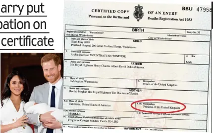  ??  ?? Proud moment: Meghan and Harry with Archie, and his birth certificat­e with her job title circled
