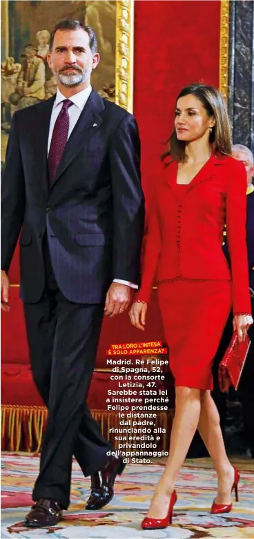  ??  ?? TRA LORO L’INTESA Madrid. Re Felipe di Spagna, 52, con la consorte Letizia, 47. Sarebbe stata lei a insistere perché Felipe prendesse le distanze dal padre, rinunciand­o alla sua eredità e privandolo dell’appannaggi­o di Stato.