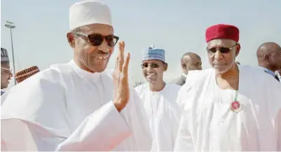  ?? State House ?? From left: President Muhammadu Buhari; FCT Minister, Muhammad Musa Bello; and Chief of Staff to the President, Abba Kyari, during the president’s departure at the Nnamdi Azikiwe Internatio­nal Airport Abuja to Jordan, ahead of the Counter Terrorism...