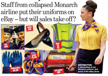  ??  ?? DISTINCTIV­E: A stewardess in her Monarch uniform, and some of the eBay items