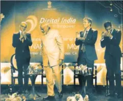  ?? PTI ?? Prime Minister Narendra Modi with Microsoft CEO Satya Nadella, Qualcomm executive chairman Paul E Jacobs and Google CEO Sundar Pichai , San Jose, 2015