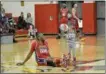  ?? SUBMITTED PHOTO ?? A young West Chester basketball fan gets to practice her spinning skills with “Swoop” from the Harlem Wizards.