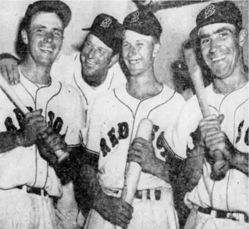  ?? ?? (Above, from left to right) Sammy White, Ellis Kinder, Gene Stephens, and Tom Umphlett helped the Red Sox score a record 17 runs in the seventh inning of a 23-3 win over the Tigers on June 18, 1953.