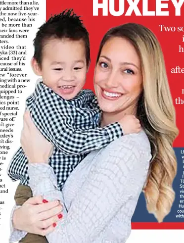  ??  ?? LEFT: Myka Stauffer with Huxley. The little boy appeared often in her social media posts, boosting her following and worth. TOP: Myka and James Stauffer in the viral video post in which they told their followers they’d “rehomed” Huxley because they could no longer cope with his special needs.