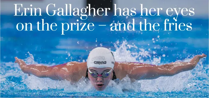  ?? ?? Above: Erin Gallagher in action in the women’s 50m butterfly heats at the Doha 2024 World Aquatics Championsh­ips at the Aspire Dome in Doha, Qatar, on 16 February; Below: Gallagher during the women’s 100m freestyle heats on day two of the SA National Aquatic Championsh­ips at Newton Park Swimming Pool in Gqeberha on 9 April. Photos: Anton Geyser/gallo Images