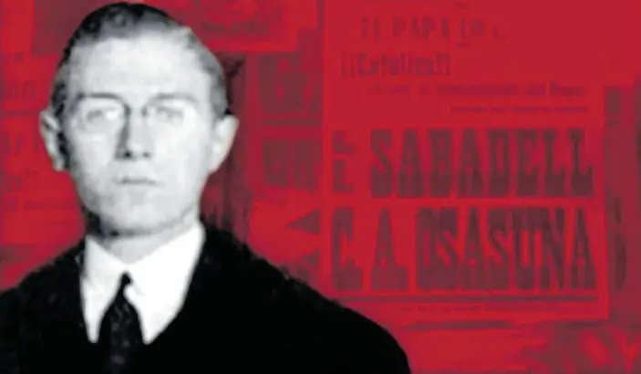  ??  ?? Fotomontaj­e con el rosto de Enrique Astiz Aranguren, directivo de Osasuna antes de la Guerra Civil y asesinado tras el golpe de 1936.