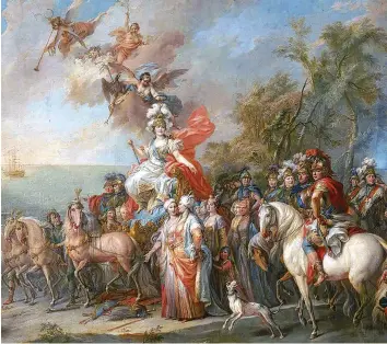  ??  ?? Conquering hero? Catherine is portrayed as the goddess Minerva atop a triumphal chariot in this allegory of her victory over the Turks and Tatars in 1772. By the end of her reign, Russia dominated the Black Sea