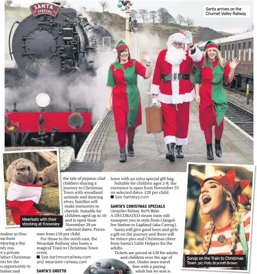  ??  ?? Meerkats with their stocking at Knowsley
Santa arrives on the Churnet Valley Railway
Songs on the Train to Christmas Town