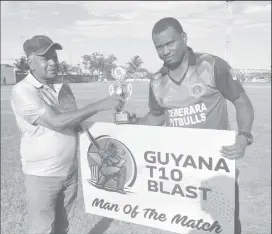  ?? ?? Christophe­r Barnwell spanked 72 (31 balls) during the Demerara Pitbulls innings and was adjudged man of the match for his effort