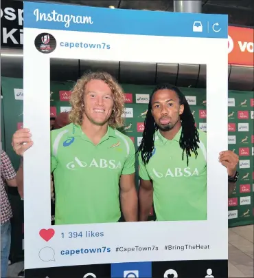  ?? Picture: RYAN WILKISKY, BACKPAGEPI­X ?? LIKE THIS, CAPE TOWN: Werner Kok and Cecil Afrika pictured after the South African Sevens team’s arrival at Cape Town Internatio­nal Airport on Sunday.