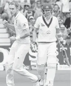  ??  ?? England’s Stuart Broad celebrates taking the wicket of Australian batsman Mitchell Starc (right) on the first day of the fourth Ashes cricket Test match between England and Australia at Trent Bridge in Nottingham, England in this Aug 6 file photo. —...
