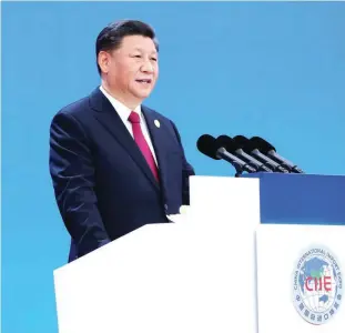  ?? (Xinhua/Ju Peng) ?? Chinese President Xi Jinping delivers a keynote speech at the opening ceremony of the second China Internatio­nal Import Expo (CIIE) in Shanghai, east China, Nov. 5, 2019. The second CIIE kicked off Tuesday at the National Exhibition and Convention Center in Shanghai.