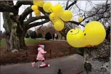  ?? NANCY LANE — BOSTON HERALD ?? A young girl rides a scooter past smiley balloons that were attached to a tree in the Boston Public Garden on Christmas Eve.