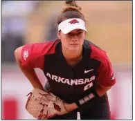  ?? (University of Arkansas/Gunnar Rathbun) ?? Arkansas senior Autumn Storms pitched a two-hit shutout and struck out 10 in the No. 8 Razorbacks’ victory over No. 3 Alabama on Saturday at Bogle Park in Fayettevil­le.