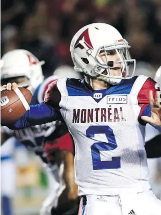  ?? JUSTIN TANG/THE CANADIAN PRESS ?? Alouettes quarterbac­k Johnny Manziel completed 16 of 26 passes against the Ottawa Redblacks on Saturday for a modest 168 yards, but displayed a strong arm and would have done better had his receivers not dropped the occasional ball. The mobile Manziel also gained 36 yards on three carries.