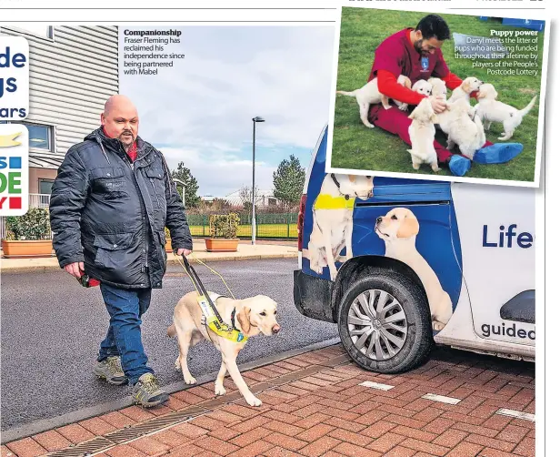  ?? ?? Puppy power Danyl meets the litter of pups who are being funded throughout their lifetime by players of the People’s Postcode Lottery