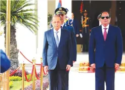  ?? —AFP ?? CAIRO: A handout picture released by the Egyptian Presidency shows Egyptian President Abdel Fattah al-Sisi and Lebanese President Michel Aoun during a welcome ceremony at the Presidenti­al palace in Cairo yesterday.