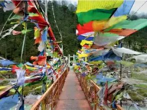  ??  ?? Fluttering prayer flags add a dash of colour to the bridge leading to the hot springs in Yumthang.
Left: Chhurpi, or hard cheese made from yak milk, can last up to five years.